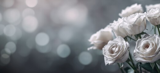 White roses on gray bokeh background, sorrowful funeral atmosphere