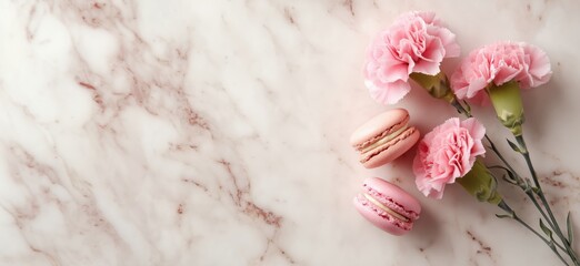 Pink carnations and macarons flat lay on marble surface, sweet and elegant mood