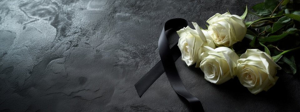 White roses flat lay with black mourning ribbon on dark background