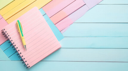 A pink notebook and pen rest on a pastel-colored wooden surface