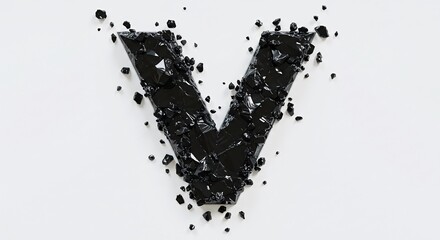 Obraz premium Dramatic Letter V Made of Black Crushed Material on Isolated White Background Display