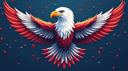 Fototapeta premium American eagle with stylized digital elements, feathers morphing into geometric red, white, and blue shapes, modern background