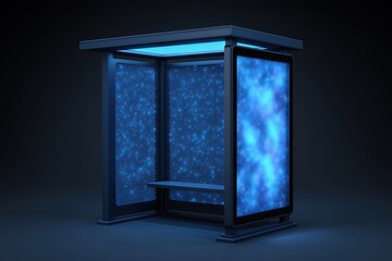Futuristic bus shelter design with illuminated panels, featuring a sleek structure and vibrant blue lighting, creating a modern urban atmosphere for public transportation