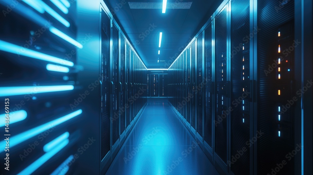 Poster High-tech data center hallway with glowing blue lighting and server racks, symbolizing cloud storage, AI computing, and digital infrastructure for enterprise systems