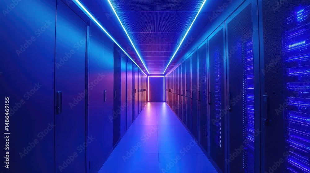 Poster Modern data center corridor with glowing blue and violet LED lighting, showcasing secure server infrastructure. Ideal for cloud services, IT architecture, and cybersecurity content