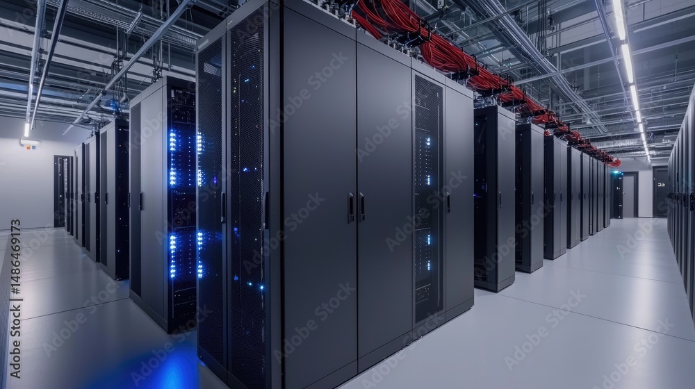 Leinwandbilder contemporary data center with dark server racks, exposed ceiling cables, and led indicators, ideal f