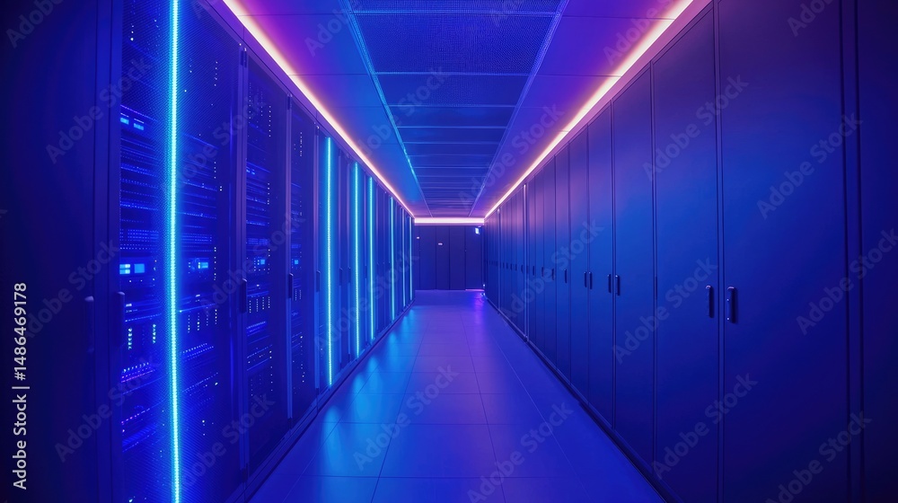 Leinwandbilder illuminated server hallway in a futuristic data center, with violet and blue lighting, representing 