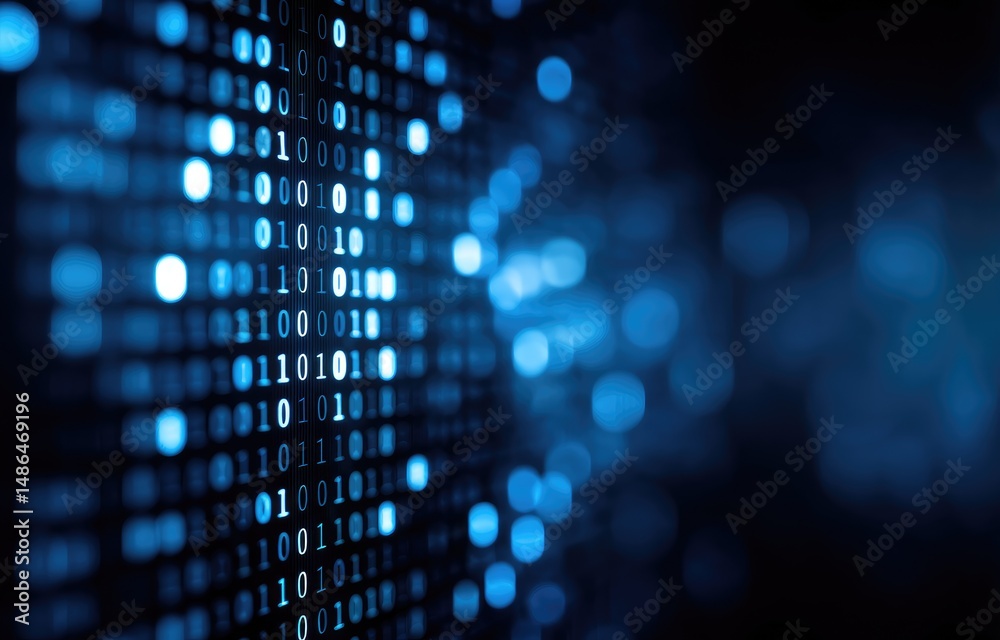 Poster Futuristic binary code glowing in blue across a dark background, illustrating digital data flow. Perfect for cybersecurity, programming, or IT infrastructure visuals