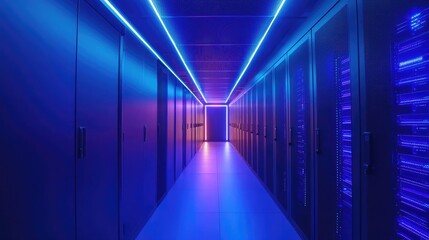 Fototapeta premium Modern data center corridor with glowing blue and violet LED lighting, showcasing secure server infrastructure. Ideal for cloud services, IT architecture, and cybersecurity content
