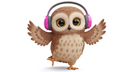 Fototapeta premium Animated Owl With Pink Headphones Dancing on a White Background is Isolated
