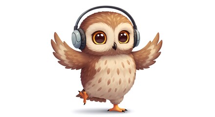 Adorable Cartoon Owl with Headphones Dancing on Isolated Background Digital Art Illustration