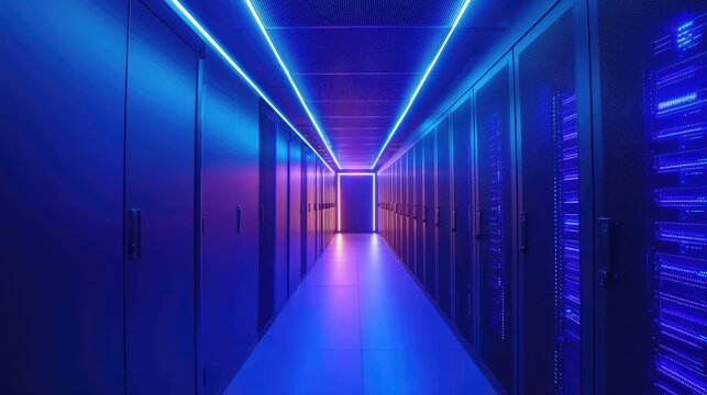 Modern data center corridor with glowing blue and violet LED lighting, showcasing secure server infrastructure. Ideal for cloud services, IT architecture, and cybersecurity content
