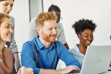 Fototapeta premium young business people meeting office teamwork group laptop presentation video call conference online seminar businesswoman startup