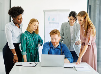 young business people meeting office teamwork group laptop presentation video call conference...