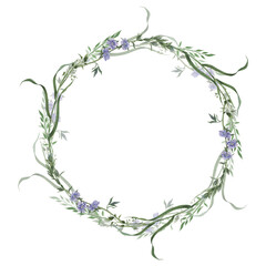 Wreath of wild herbs and flowers. Hand drawn watercolor illustration illustration of floral round frame on isolated background. Suitable for eco-branding, packaging, wedding design, botanical prints.