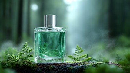 Green Forest Perfume Bottle - Elegant green perfume bottle in a serene forest setting. Symbolizing nature, freshness, tranquility, luxury, and fragrance
