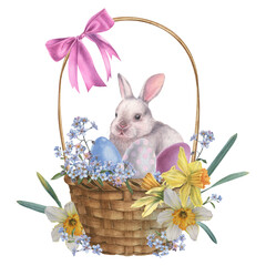 Wicker basket with handle, pink satin ribbon bow, colorful eggs and white bunny . Hand drawn watercolor illustration of wooden container for rustic design on isolated background. For Easter decor.