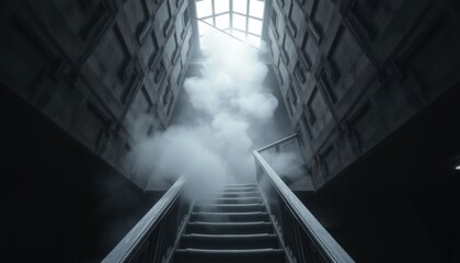 Eerie staircase ascending through smoke towards skylight