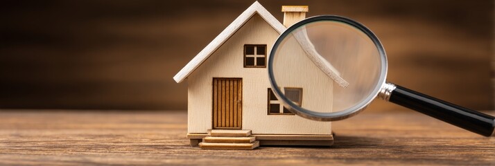 Home Inspection Magnifying Glass - A wooden model house sits on a wooden surface with a magnifying glass inspecting it. Ideal for real estate, home buying, or property inspection concepts