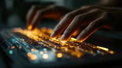 Hands typing on glowing keyboard, abstract lines of light, connection, technology, futuristic interface, dark backdrop