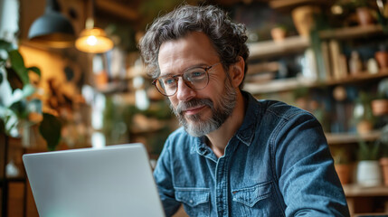 Obraz premium Man with glasses working on laptop in a cozy, plant-filled cafe setting
