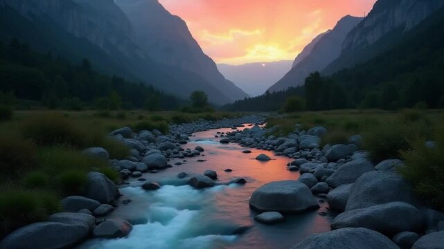 Beautiful Mountain River at Sunset