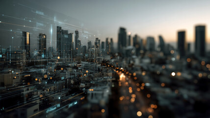 Fototapeta premium Futuristic cityscape with data overlay, illustrating technology and connectivity in an urban environment at dusk.