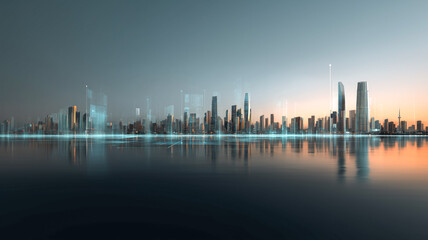 Obraz premium Urban future skyline reflecting in water. Futuristic technology connecting the cityscape, emphasizing progress and connectivity.