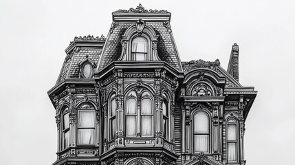 Ornate Victorian architectural facade.  Intricate detailing on a historic building's rooftop and upper floors