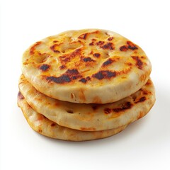 Stack of golden brown flatbreads against a white background.