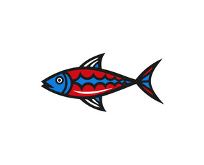 Colorful decorative fish illustration with blue and red patterns  