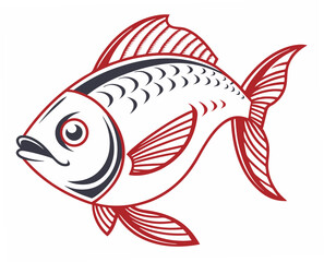 Stylized fish illustration with red and black outlines on white background  