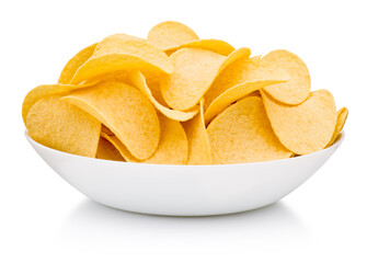 Potato chips in plate isolated on white background