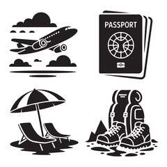 Travel Icon Set Vector Black Silhouettes of Planes Passports Beach Items Hiking Gear Hotels and Landmarks