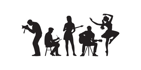 Obraz premium Artistic Professions Icon Set Vector Black Silhouettes of Photographers Designers Painters Musicians and Dancers