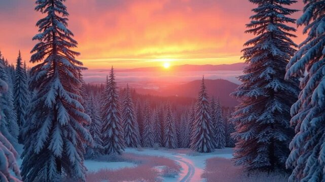 Sunset or sunrise in the winter pine forest covered with a snow
