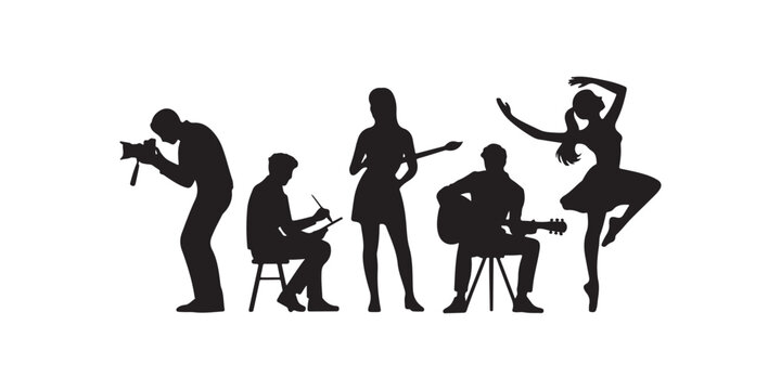 Artistic Professions Icon Set Vector Black Silhouettes of Photographers Designers Painters Musicians and Dancers