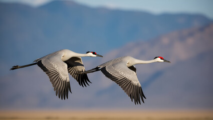 Fototapeta premium Swans and geese flying together over the ocean with blue sky and seabirds