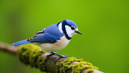 Obraz premium A small blue tit bird perched on a tree branch in a green forest setting