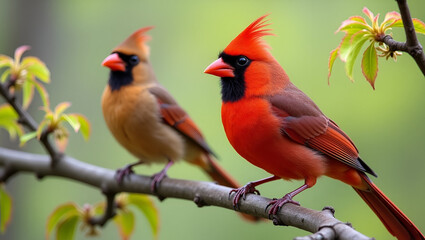 Fototapeta premium Robin and male cardinal perched on branches in a natural garden setting