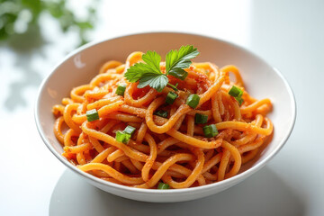 Spicy Korean Noodles Photography: Cozy Window Light, White Background, Softbox Radiance