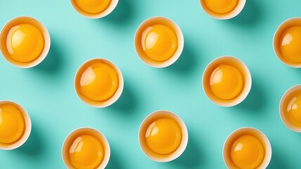 World egg day with yolk protein idea. Colorful egg yolks in half broken eggshells on a vibrant blue background.