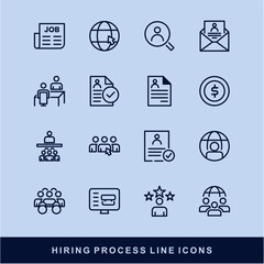 Now Hiring Process Line Icons. Recruitment, Job Application, Interview, Candidate Selection Vector Set