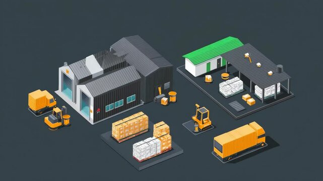 Isometric industrial complex layout.