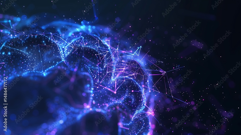 Poster a complex web of interconnected nodes glows, forming a network of light and information flow