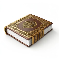Fototapeta premium Ornate, leather-bound book resting on a plain white surface.