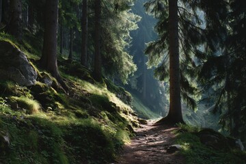 Obraz premium Majestic forest path inviting exploration under dappled sunlight during a serene morning
