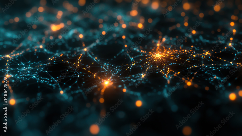 Aufkleber Visual representation of a complex network of connected nodes and glowing particles in a dark background showcasing data flow and connectivity