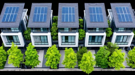 Fototapeta premium Modern Solar Powered Homes Aerial View - Sustainable living, eco-friendly homes, renewable energy, modern architecture, urban development