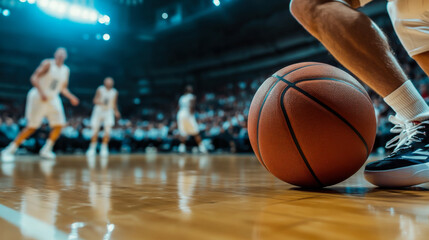 Basketball rolls on a wooden court during a lively game with enthusiastic fans watching in a packed stadium